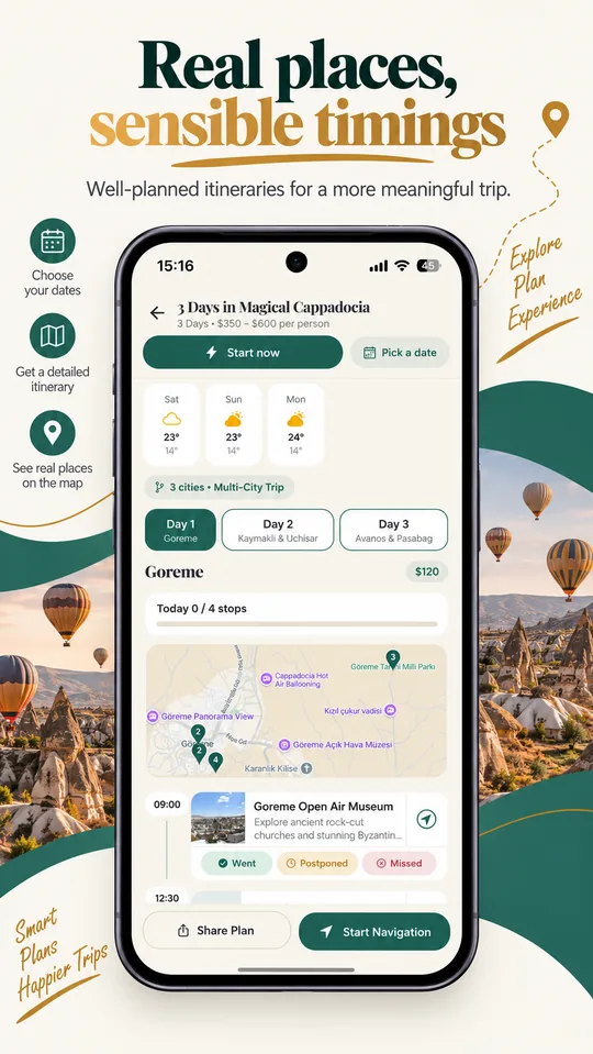 Day-by-day itinerary with map and stops