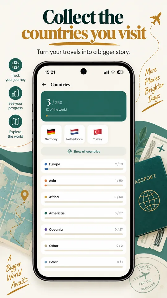 Country collection screen with flags of visited countries