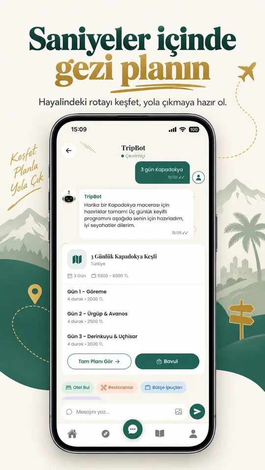 TripBot sohbetinde üretilen Kapadokya gezi planı